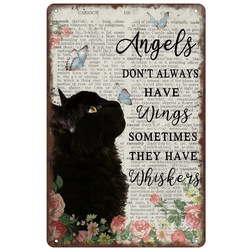 

Vintage Metal Tin Sign Angels Don't Always Have Wings Sometimes They Have Whiskers Retro Floral Black Cat Lovers Gift Bar Club