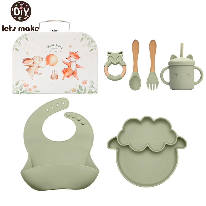 

1Set Baby Cartoon Sheep Dishes Food Grade Silicone Feeding Forks Spoons Cups Silicone Teether Animals Babies Tableware Gifts Box