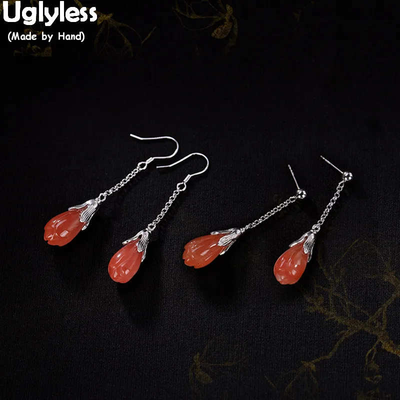 

Uglyless Real Solid 925 Silver Handmade Jewelry Natural Gemstones Magnolia Flower Earrings for Women Elegant Red Agate Earrings