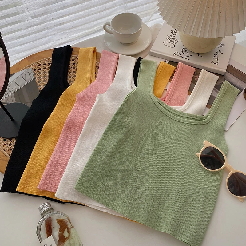 

Rin Confa Casual Korean Fashion Clothing Summer Tank Top Women Sleeveless All-Match Crop Tops Short Knitted Halter Camis