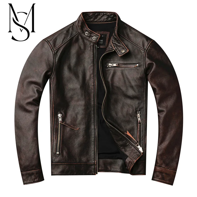 

Мужская кожаная куртка со стоячим воротником, винтажная мотоциклетная куртка из яловой кожи, верхний слой, в стиле ретро