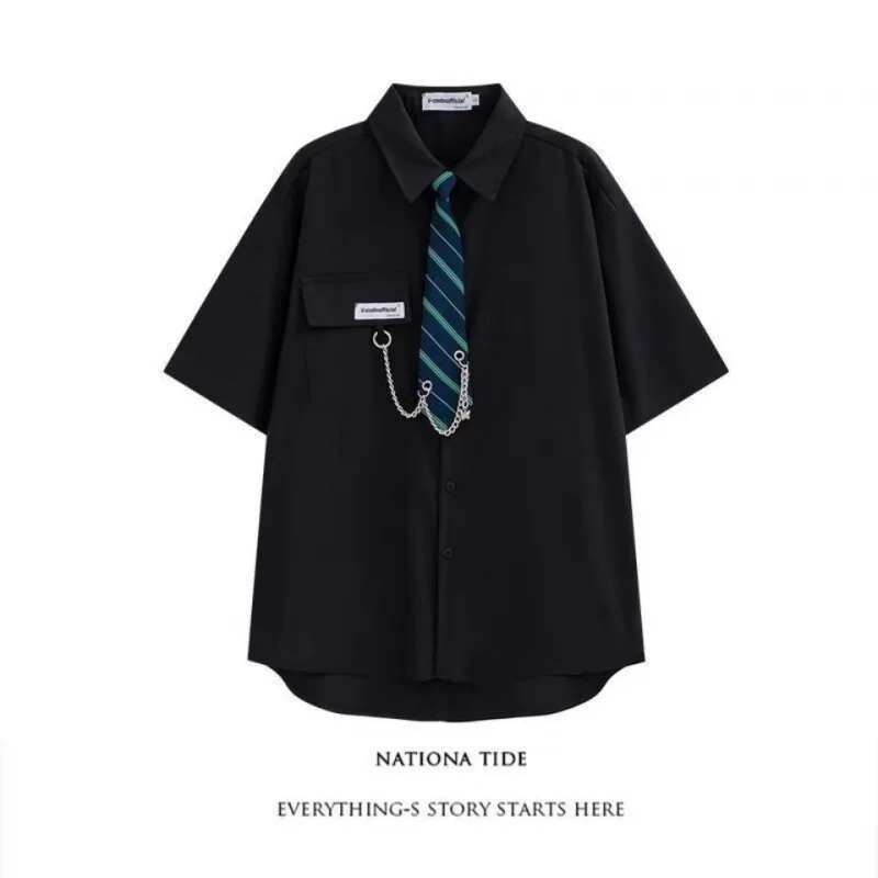 

Рубашка мужская с коротким рукавом, базовая Повседневная Блузка оверсайз с отложным воротником для студентов и подростков, свободная блузка