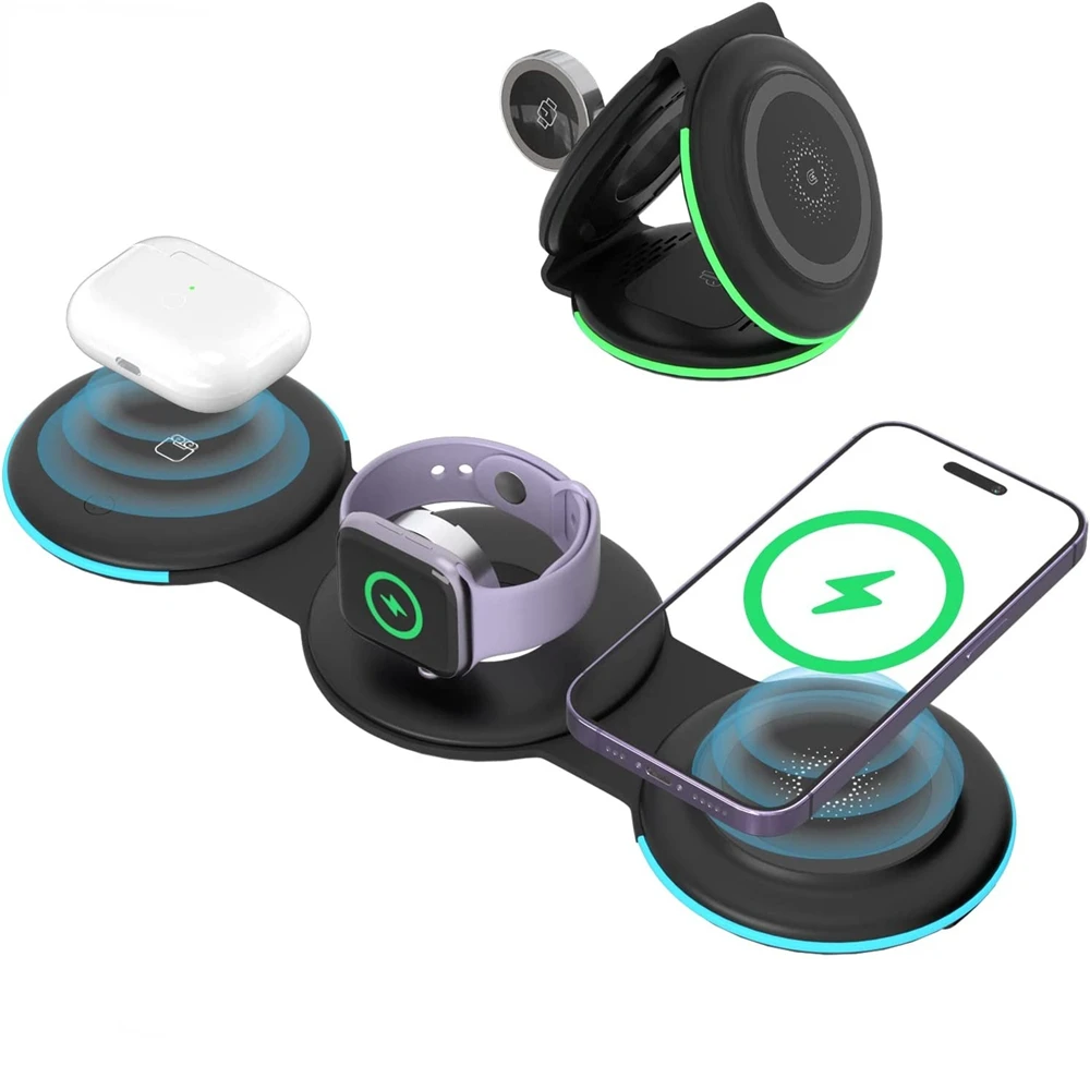 

Беспроводное зарядное устройство 3 в 1, складная зарядная станция 15 Вт для iPhone 14 Plus 13 12 Pro Max Mini Apple Watch 8 7 6 AirPods Pro 2