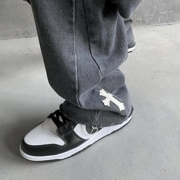 Four Seasons Y2K Men Jeans European and American High Street Cross Embroidery Hip Hop Straight Loose Wide Leg Pants Ins Hot Sale