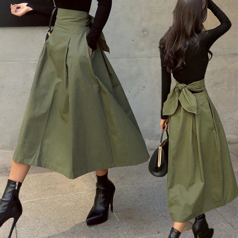 

Skirts For Women 2022 Korean Fashion Solid Big Swing Long Spring Autumn Wild High Waist Bow Slim Skirt Jupe Femme Falda Larga