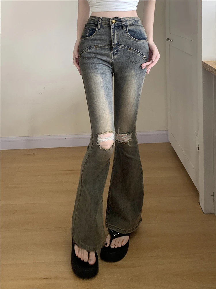 

Women's Retro Blue Perforated Slightly Flared Jeans Summer Autumn New Fashion Chic Female High Waist Boot Cut Denim Trousers