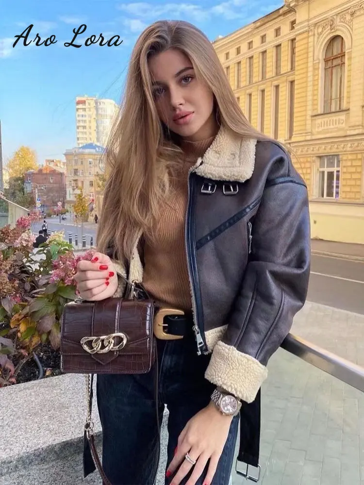 2022 Woman Fashion Thick Warm Faux Shearling Jacket Coat Vintage Leather Motorcycle Suit Long Sleeve Belt Hem Female Outerwear