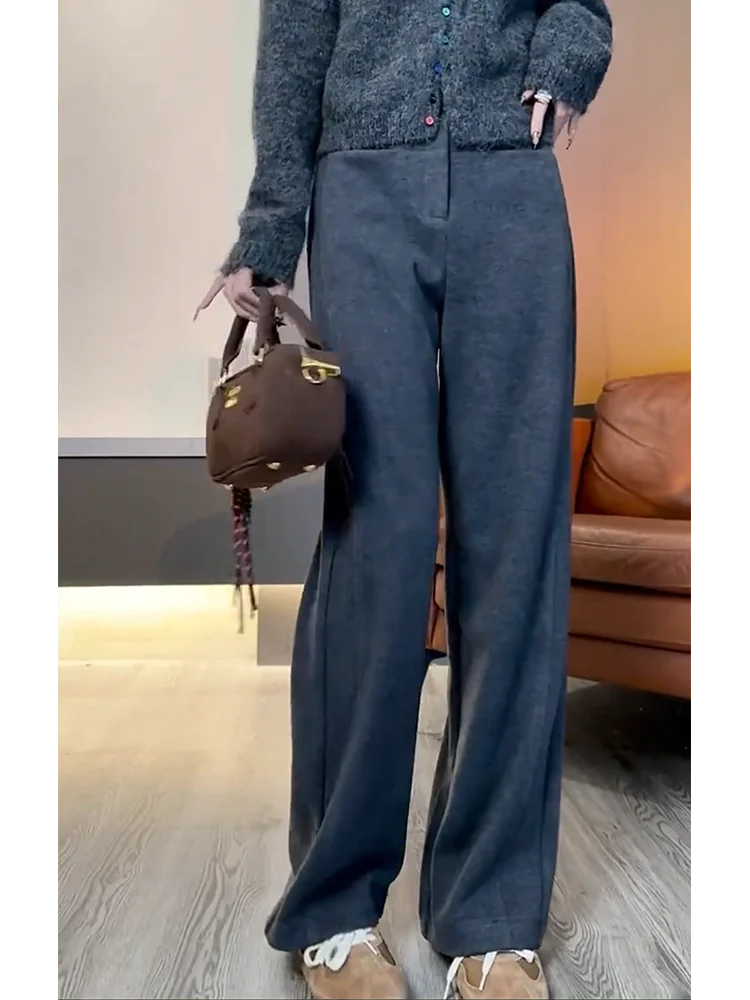 Plus Size Elegant Loose Gray Thick Woolen Straight Pants Women Autumn and Winter New Draping Effect Fashion High Waist All-Ma...