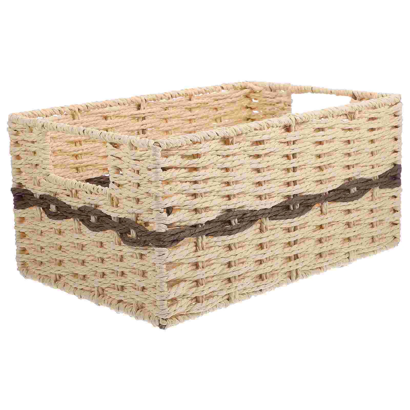 

Container Lid Straw Storage Basket Organizer Desktop Woven Bin Home Multipurpose Handle