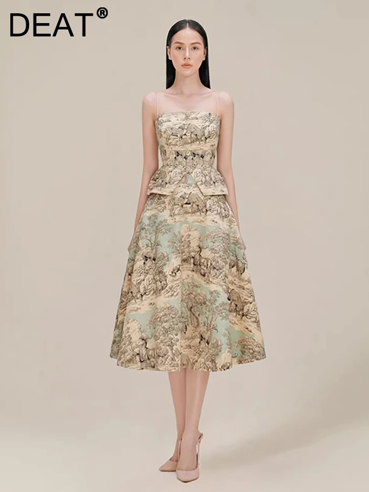 

DEAT Women's 2 Pcs Set Strapless Waist Backless Sleeveless Short Vest Print Loose Skirt Elegant Suit Autumn 2023 New 13DB3525