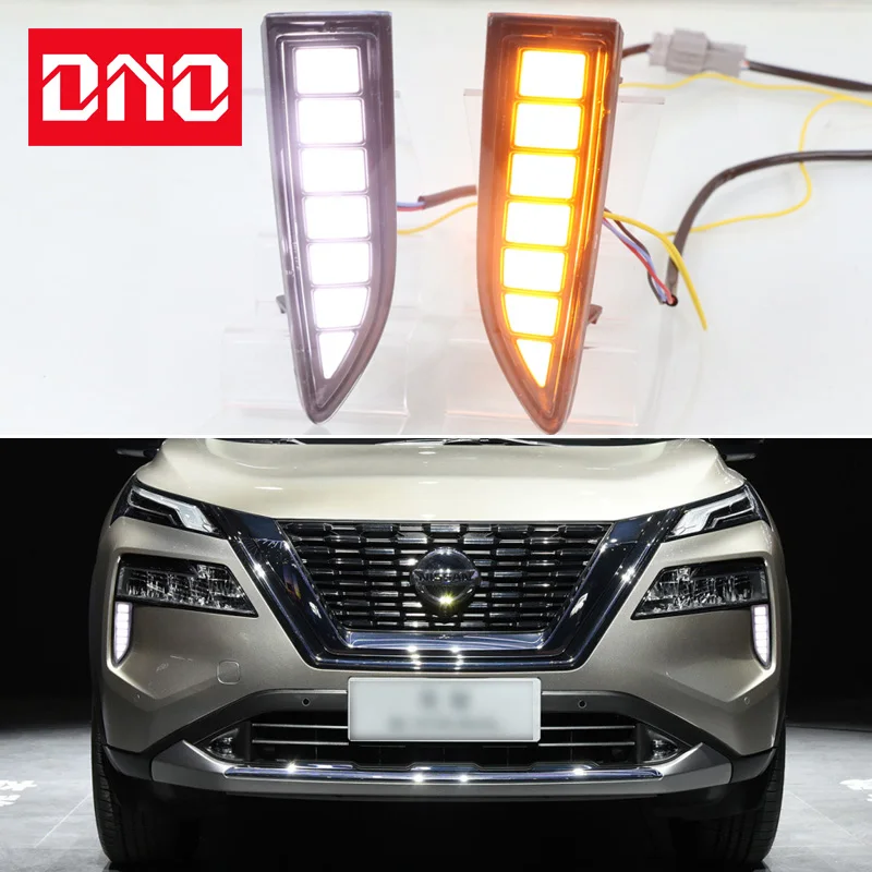 DNO 12V LED DRL Daylights For Nissan X-trail 2021-2022 Yellow Turn Signal Night Blue Running Lamps Car Foglamp