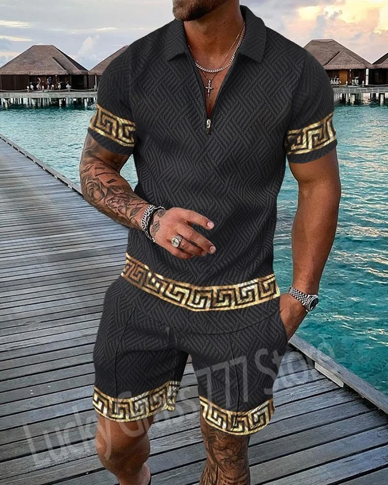 Men’s Luxury Tracksuit 2 Piece Set 3D Floral Print Polo Shirt Sleeve T Shirt &Shorts Casual V-Neck Zipper Polo Shirt Man Clothes