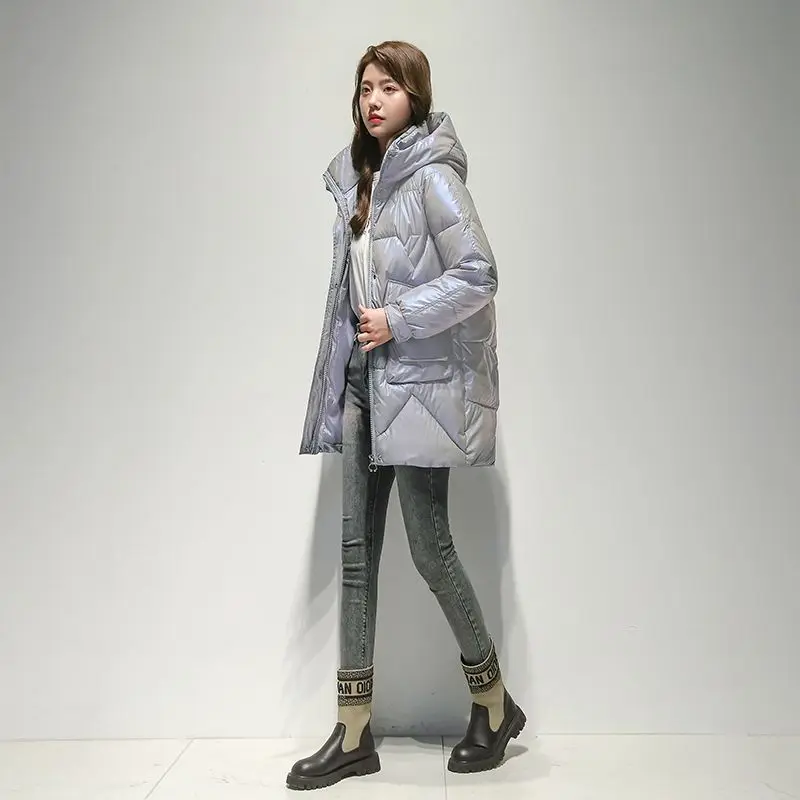 Parkas Women 2023 New Winter Jacket Glossy Long Coat Cotton Padded Hooded Parkas Jackets Thick Warm Female Outwear Pockets S48