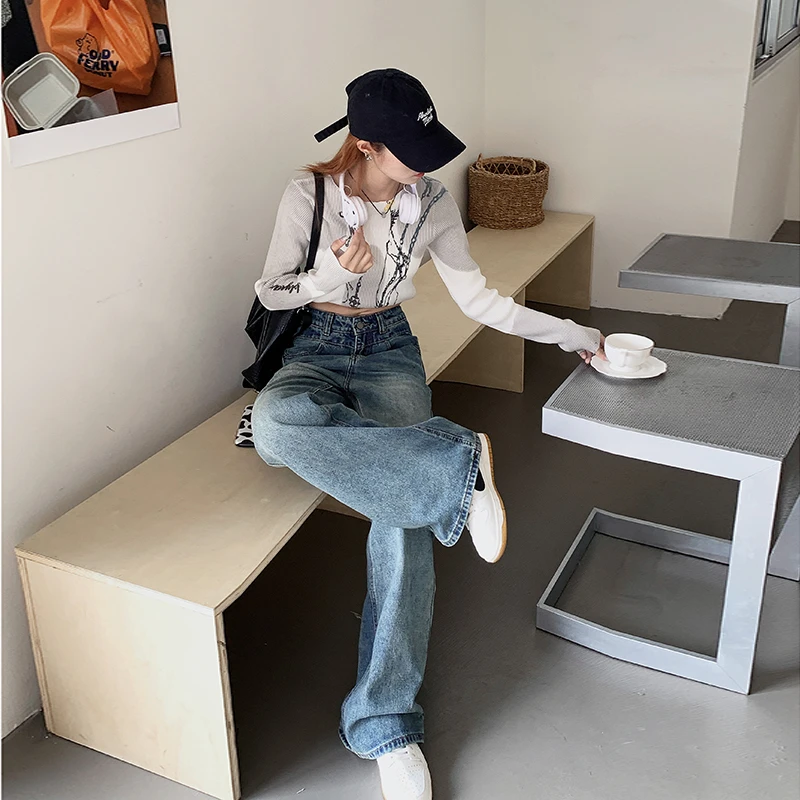 Jeans Women's 2023 New Autumn and Winter Pants High Street Retro Blue Wide Leg Loose Drop High Waist Slim Straight Leg Pants