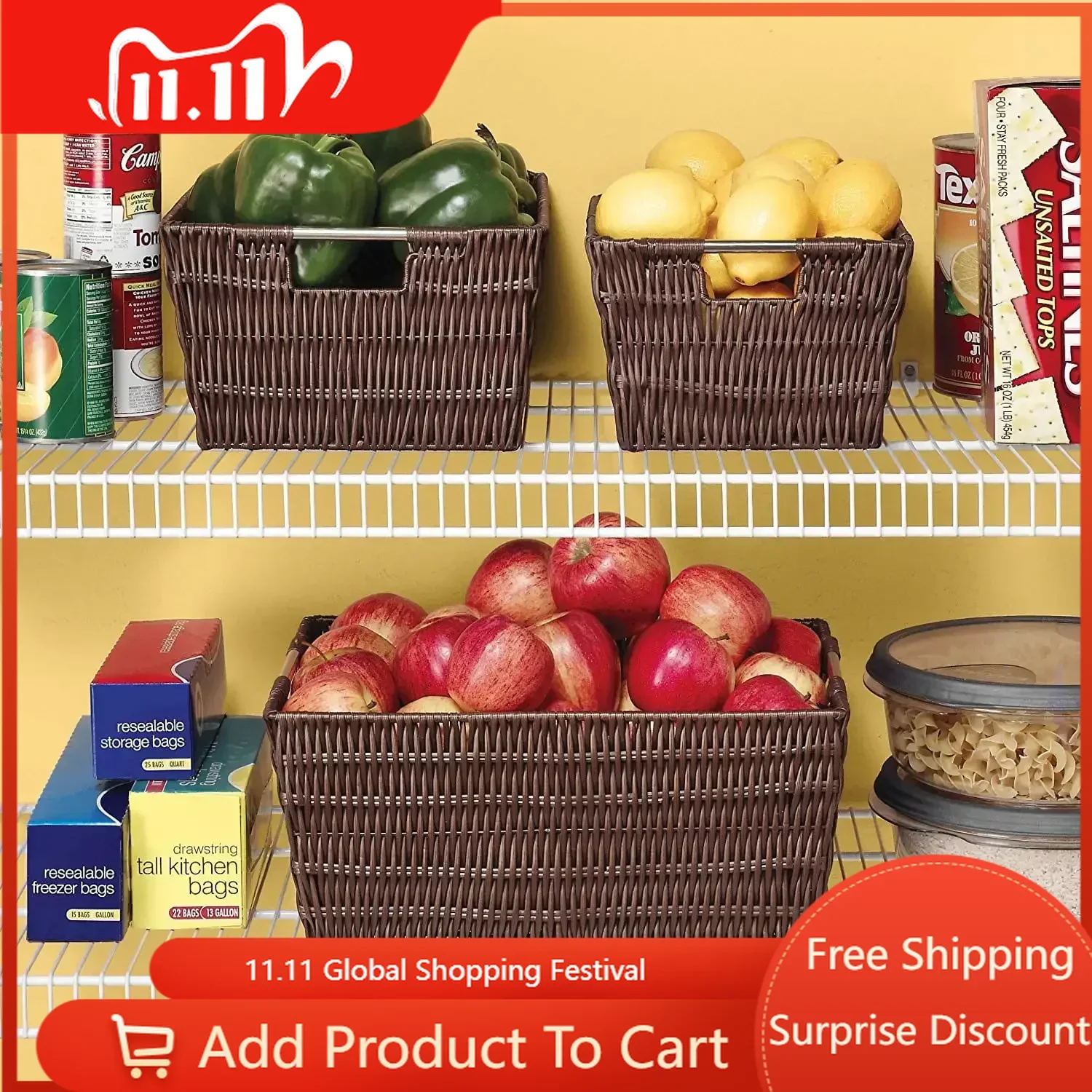

Free Shipping Rattique Storage Tote Basket -13 X 15 X 9.8 Basket Storage Picnic Basket Storage Organizer