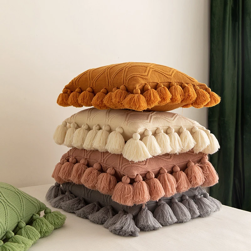 

Tassel Knitted Cushion Cover Solid Color Pillow Case Nordic Cushion Covers 45*45 Decorative Pillows For Sofa Home Pillow Cover