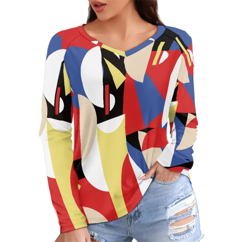 

Color Block Abstract Geometry Custom Print For Women's Summer Clothes V Neck Pullover Long Sleeve Loose T-Shirt Tops Casual