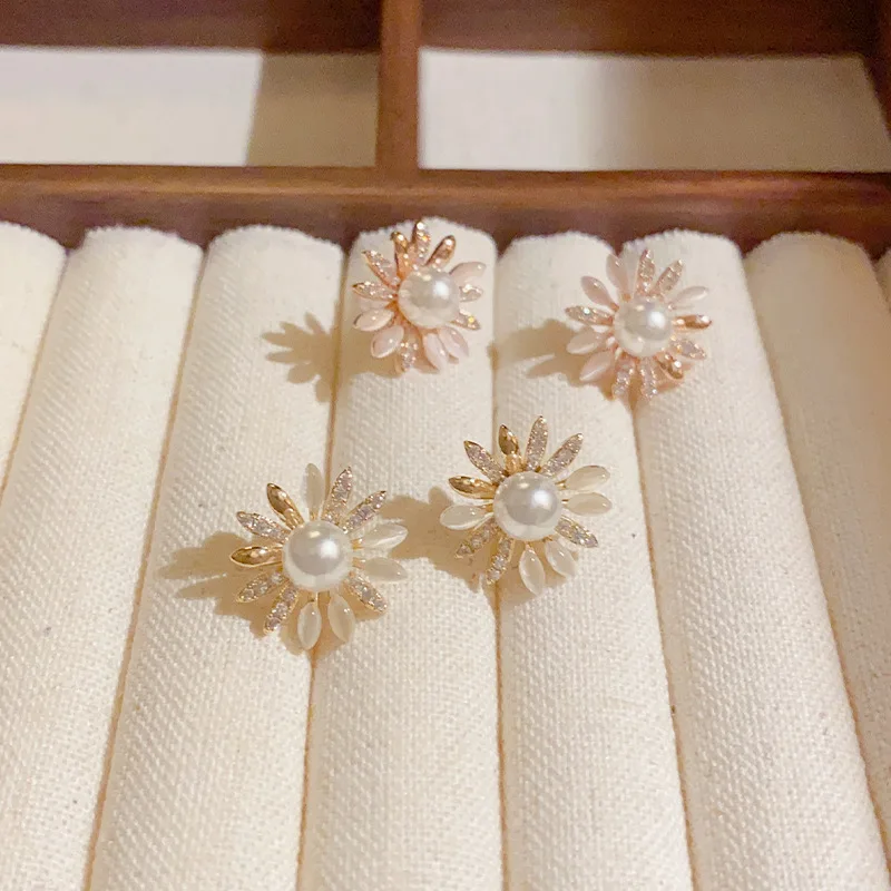 

Cute Opal Flower Stud Earrings For Women High Quality Korean 14K Gold Plated Designer Pearl Earring Original Jewelry 2023 Trendy