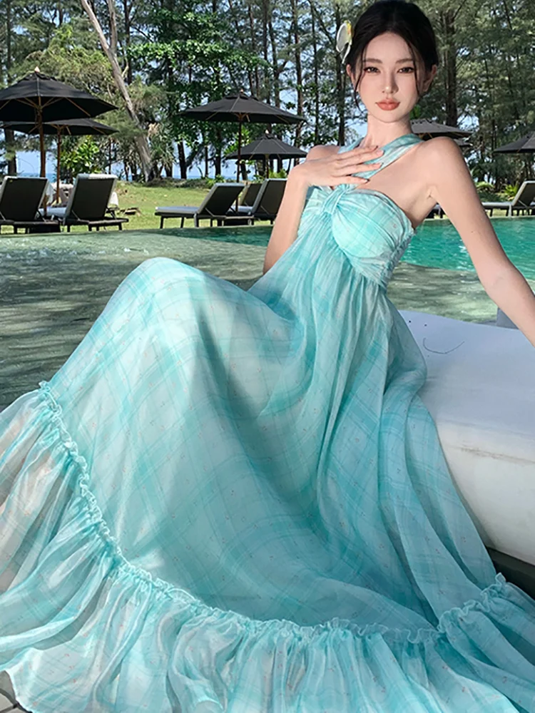 Новинка 2024 шикарное пикантное длинное платье в клетку на бретельках женское