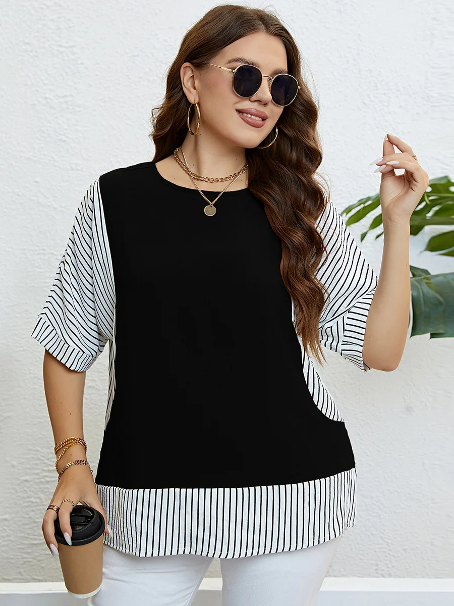 Summer crewneck panels fake two plus-size blouses roupas femininas plus size tops for women