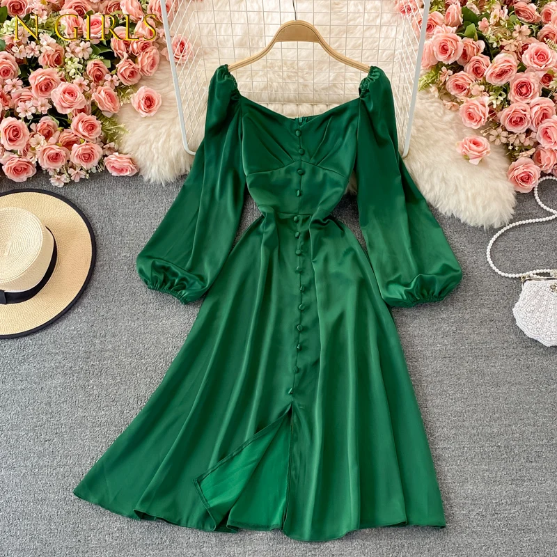 

N GIRLS N GIRLS Aibeautyer New Autumn Vintage Solid Slim Lady Full Dress A Line Square Collar Puff Sleeve Chiffon Single