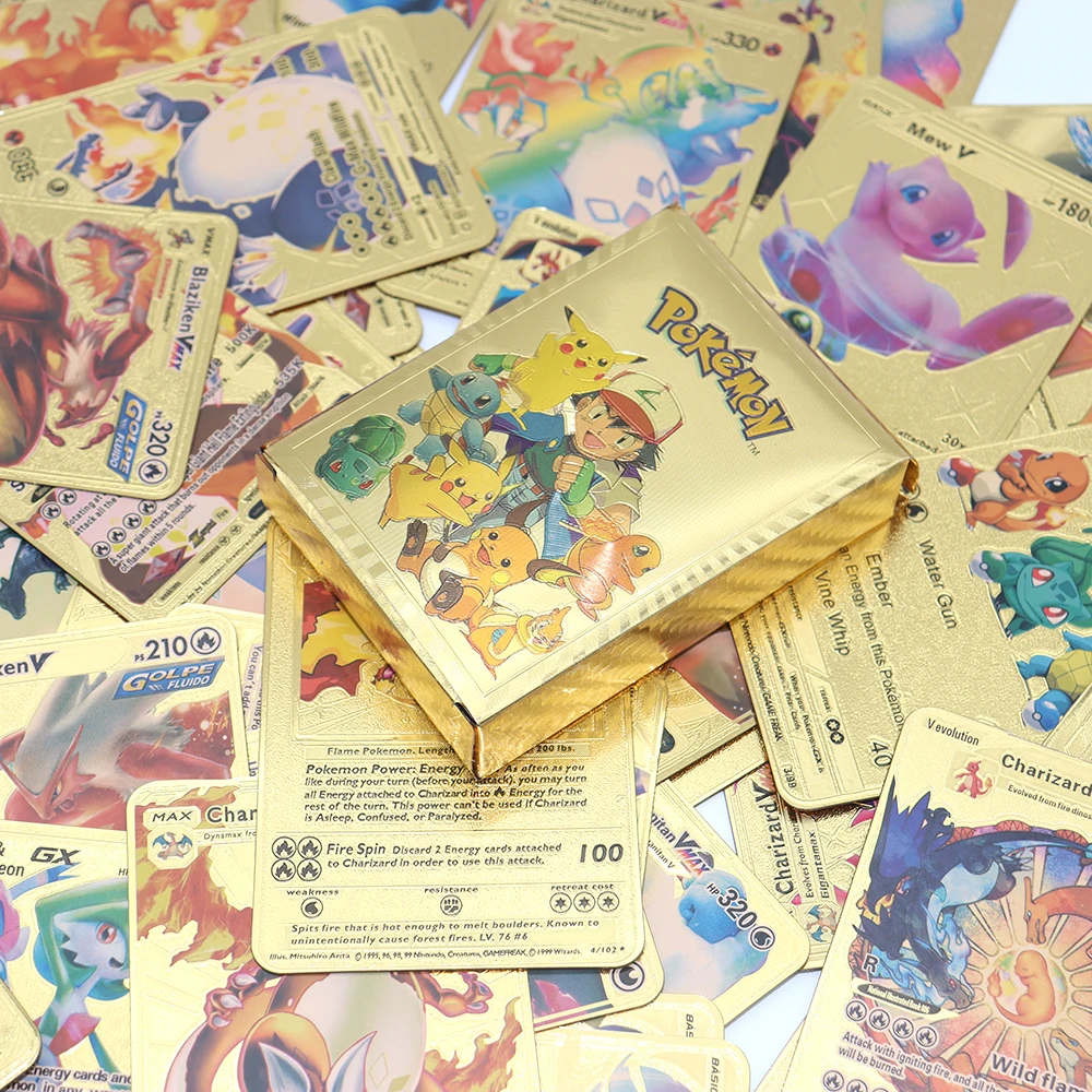 

Spanish Gx Vmax Metal Pokemon Card 54Pcs Soft Gold Silvery Black Cards English Plastic Game Collection Pikachu Boxes Charizard