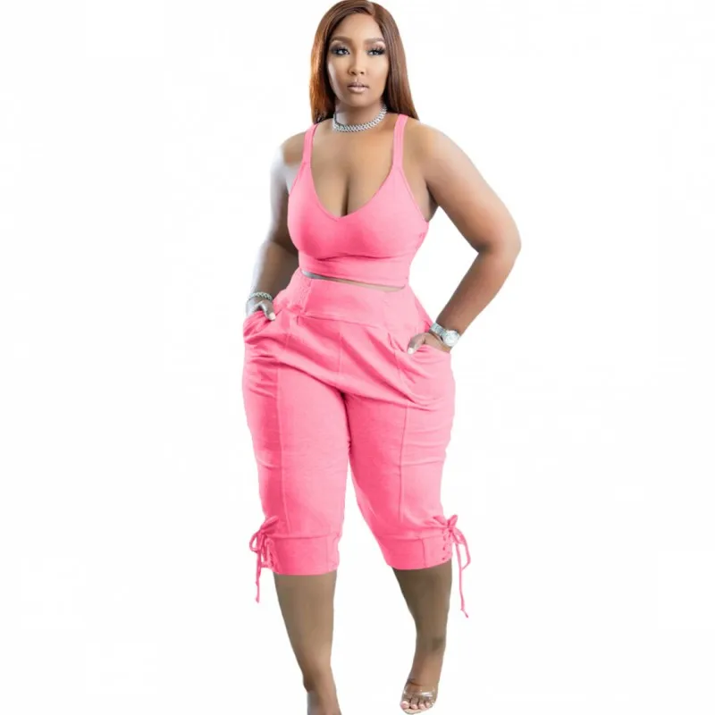 

Women Two Piece Set Sleeveless Tank Crop Tops Outfits Summer Solid Pockets Lace Up Street Style Sexy Calf Length Pant Suits Sets