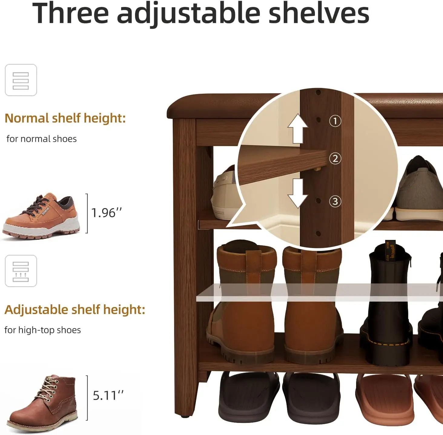 Скамейка для обуви с кожаной подушкой 3-ярусная скамейка хранения регулируемой