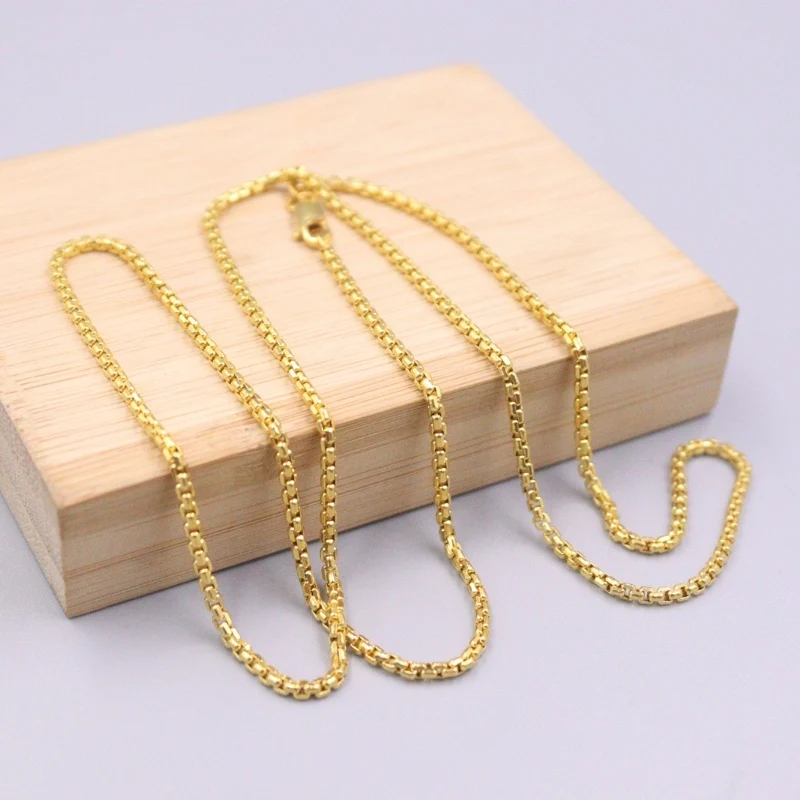 

Real Pure 18K Yellow Gold Chain Women 2mm Square Box Link Necklace 7.6-7.8g /23.6inch AU750