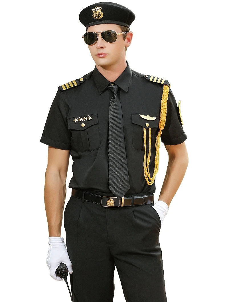 Summer New Security Uniform Black Long Short Sleeve Shirt Overalls Suit Men Military Captain Pilot Shirts Business Outdoor Shirt