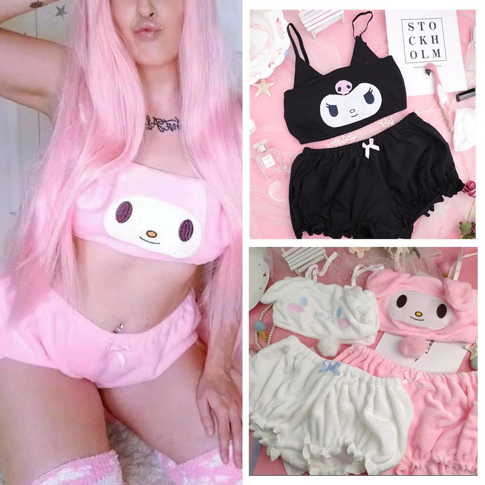 

Mymelody Kuromi Cinnamoroll Bra Autumn and Winter Kawaii Cartoon Pajamas Underwear Sanrioed Little Devil Sexy Home Clothes Gift