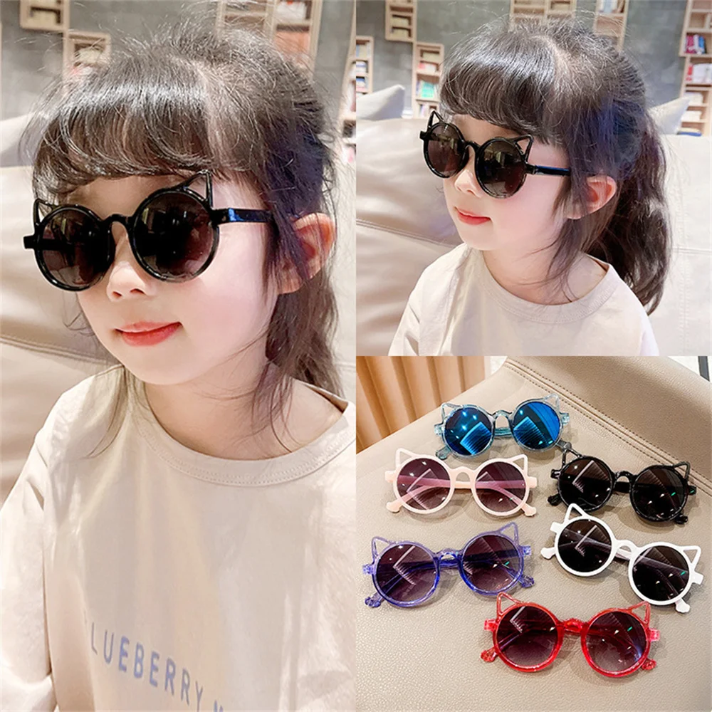 

2022 Cute Red Cat Ear Kids Sunglasses Girls Pink Purple White Children Glasses Baby Boys Round Eyeglasses Party Outdoor Eyewear