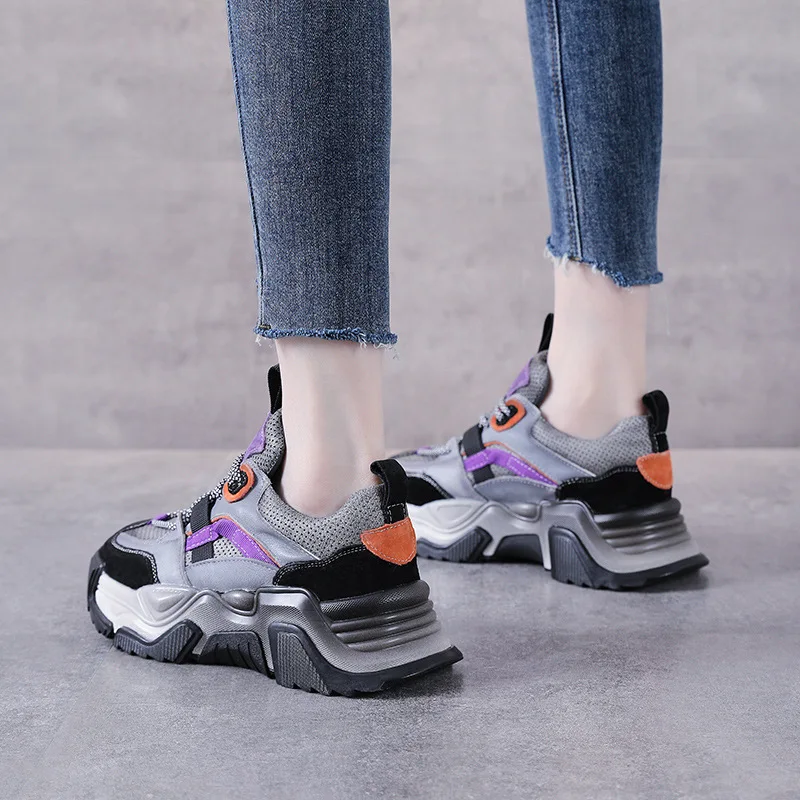 Autuspin 4.5cm Chunky Cross-Tied Sneakers Women Summer Autumn Handmade Cow Leather Casual Vulcanized Shoes Students Woman Retro