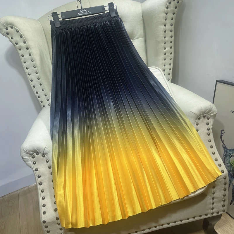 

Summer Satin Pleated Skirts Women Tie Dye Gradient High Waist Midi Skirt Female Vintage Fashion Metallic Y2k Skirt Saia Feminina