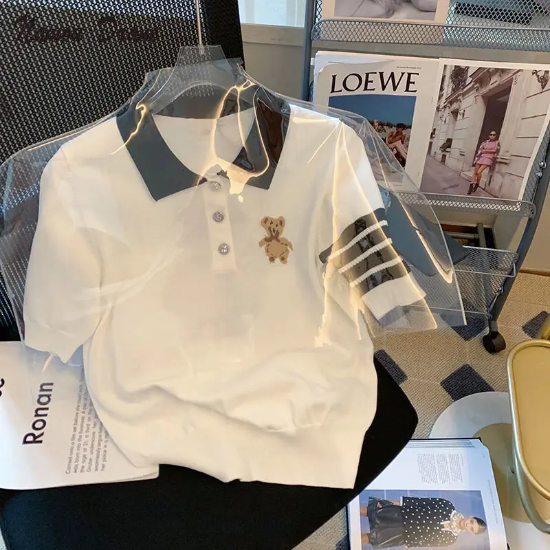 

2022 White bear printed Polo shirt short sleeve women summer new college style to reduce the age of slim western style knit