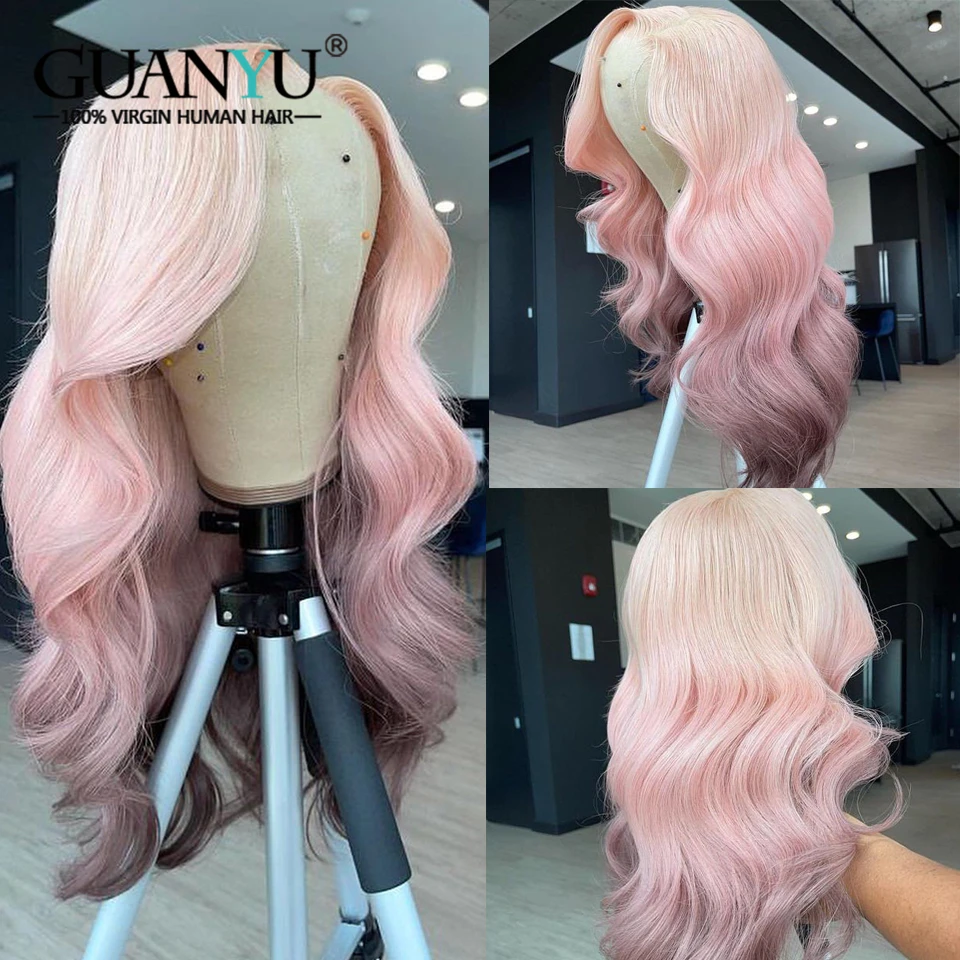 

13X4 Lace Front Wig Human Hair Pre Plucked Ombre Light Pink to Dark Pink Body Wavy 2 Tones Brazilian Hair For Women