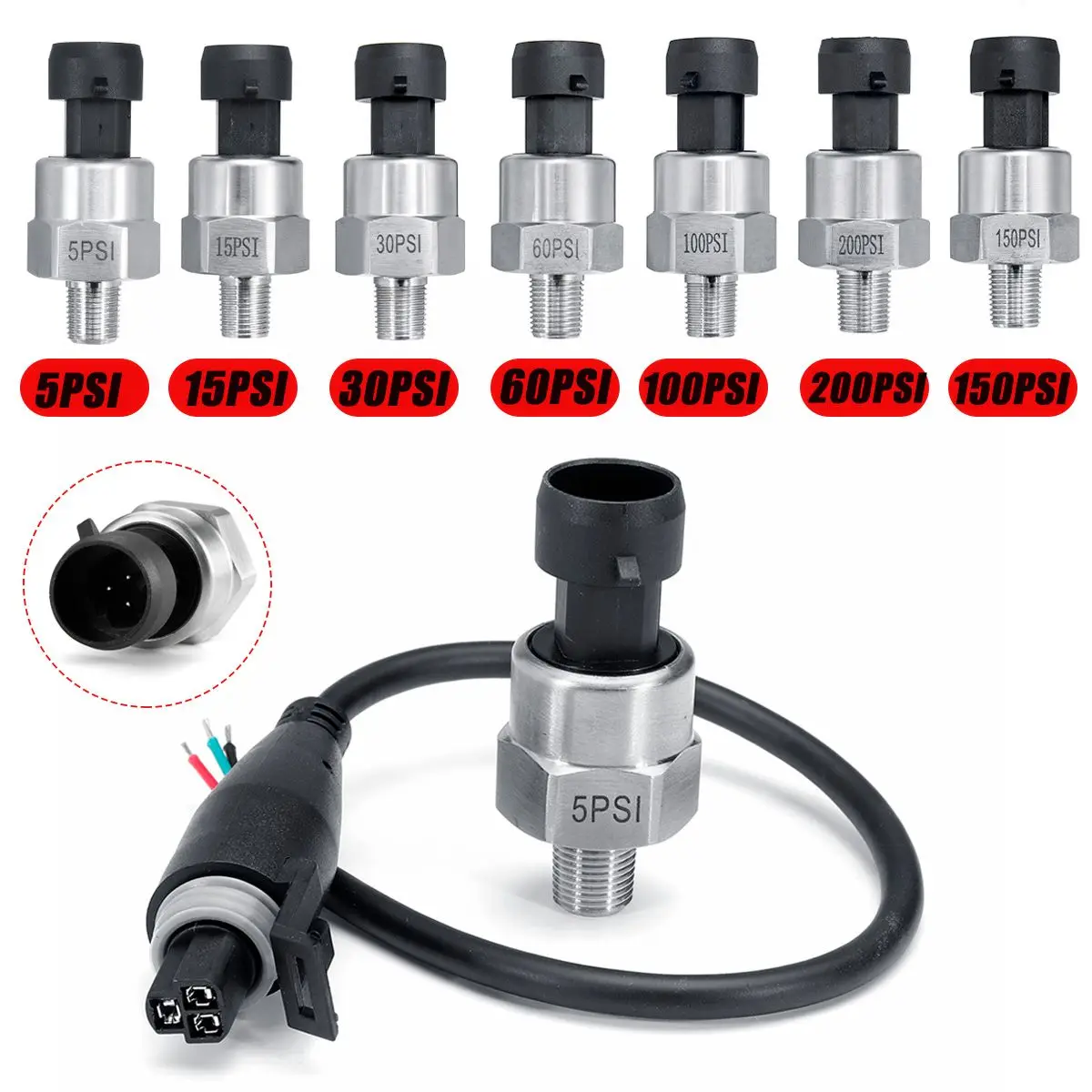 

1/8NPT Fuel Pressure Sensor DC 5V Oil Fuel Air Fuel Pressure Transducer Transmitter Stainless Steel 5/15/30/60/100/150/200Psi