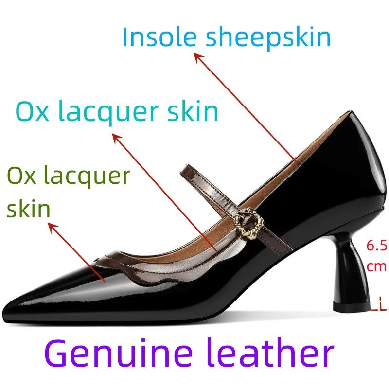 【JOCHEBED HU】Brand Genuine Leather New Style Small Pointed Toe Color Matching Shallow Mouth Mary Janes Shoe Strap Mid-Heel 33-43