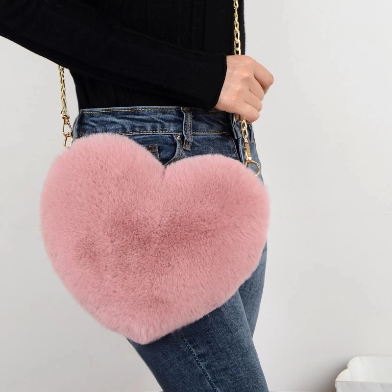 

Cute Sweet Plush Heart Shaped Handbag Women Trendy Chain Shoulder Messenger Bag Valentine's Day Gift Coin Purse