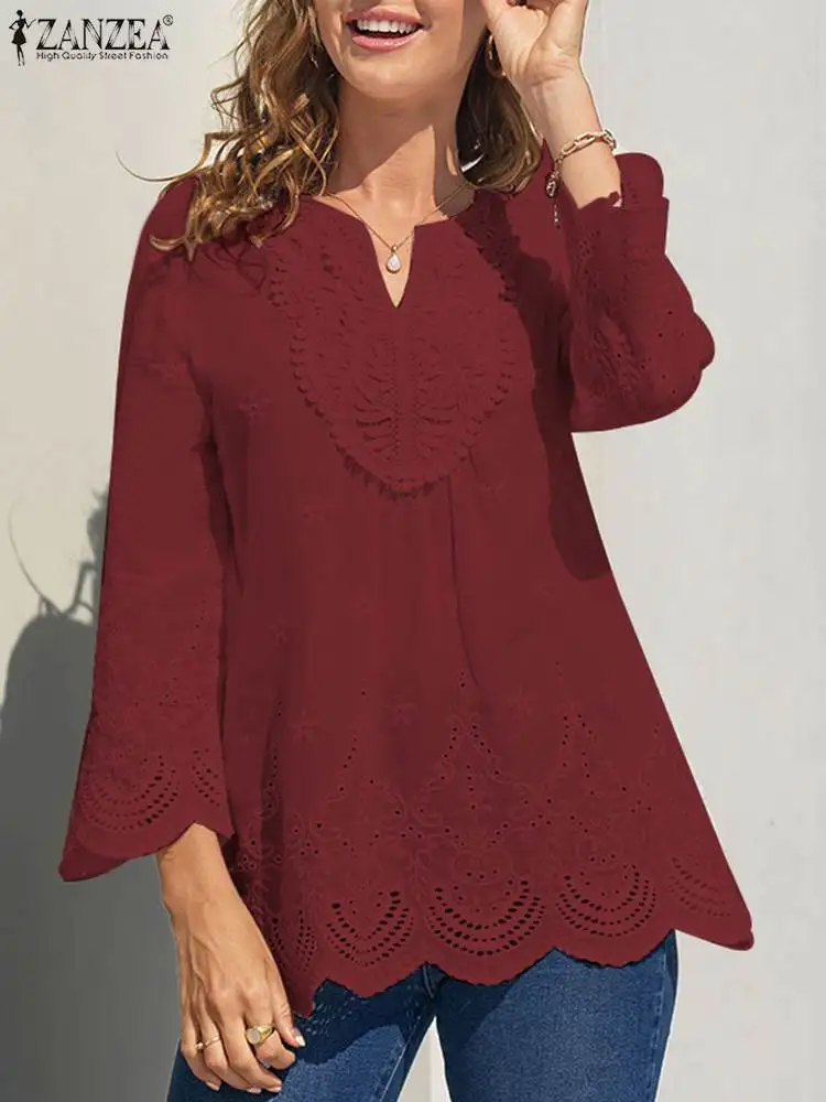 

2023 ZANZEA Fashion Summer Holiday Tops Elegant Women Lace Crochet Blouse V Neck 3/4 Sleeve Shirt Casual Solid Hollow Out Blusas