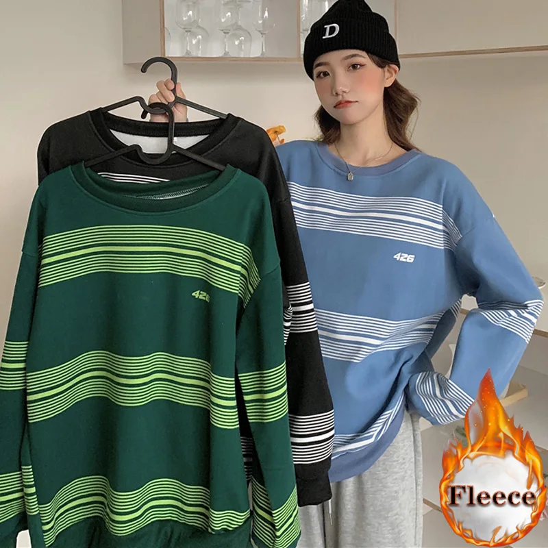 

autumn winter Women fleece Sweatshirt Hoodies Fashion stripe Oversized Pullovers Tops Female Harajuku Streetwear Y2k Sweatshirts
