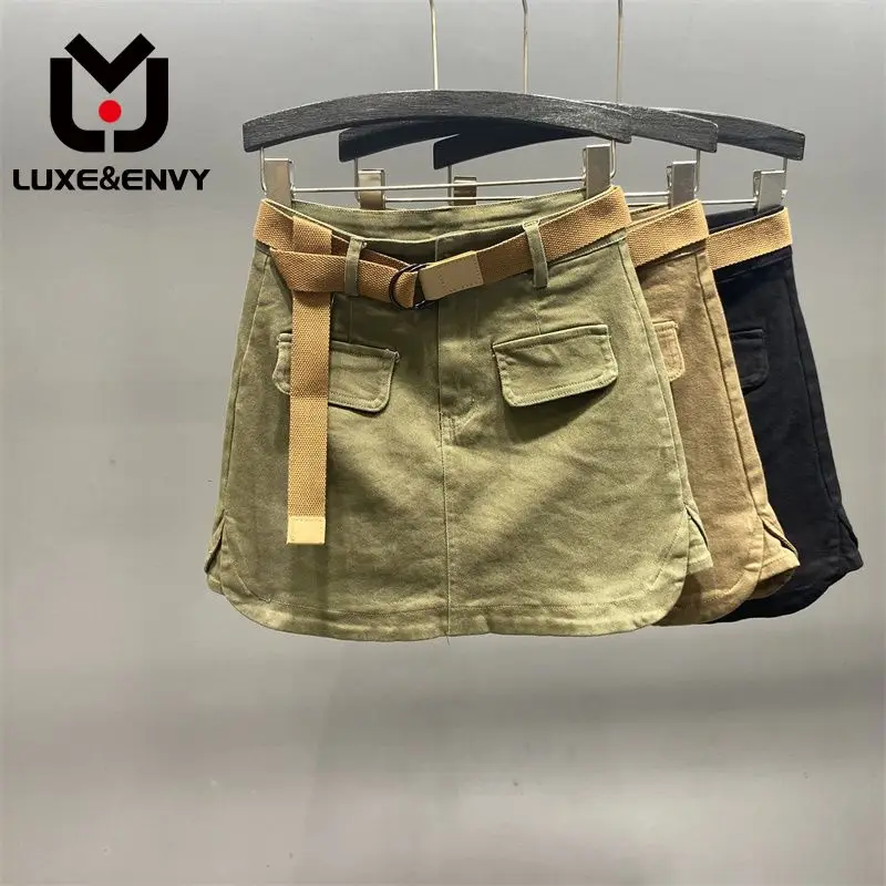 

LUXE&ENVY Green Work Attire A-line Casual Skirt For Women In Autumn 2023, New Slim And Versatile High Waisted Short Skirt