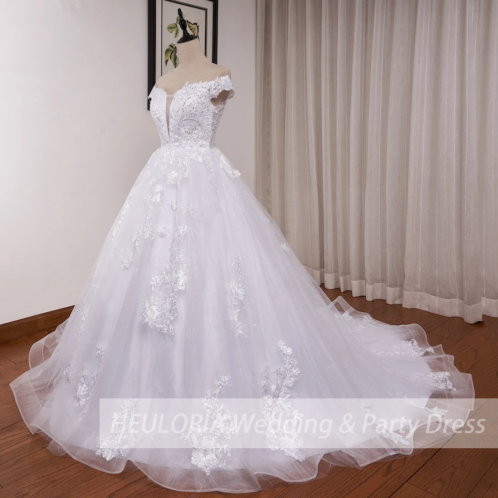

off shoulder lace beading princess ball gown wedding dress plus size shinny skirt bridal dress
