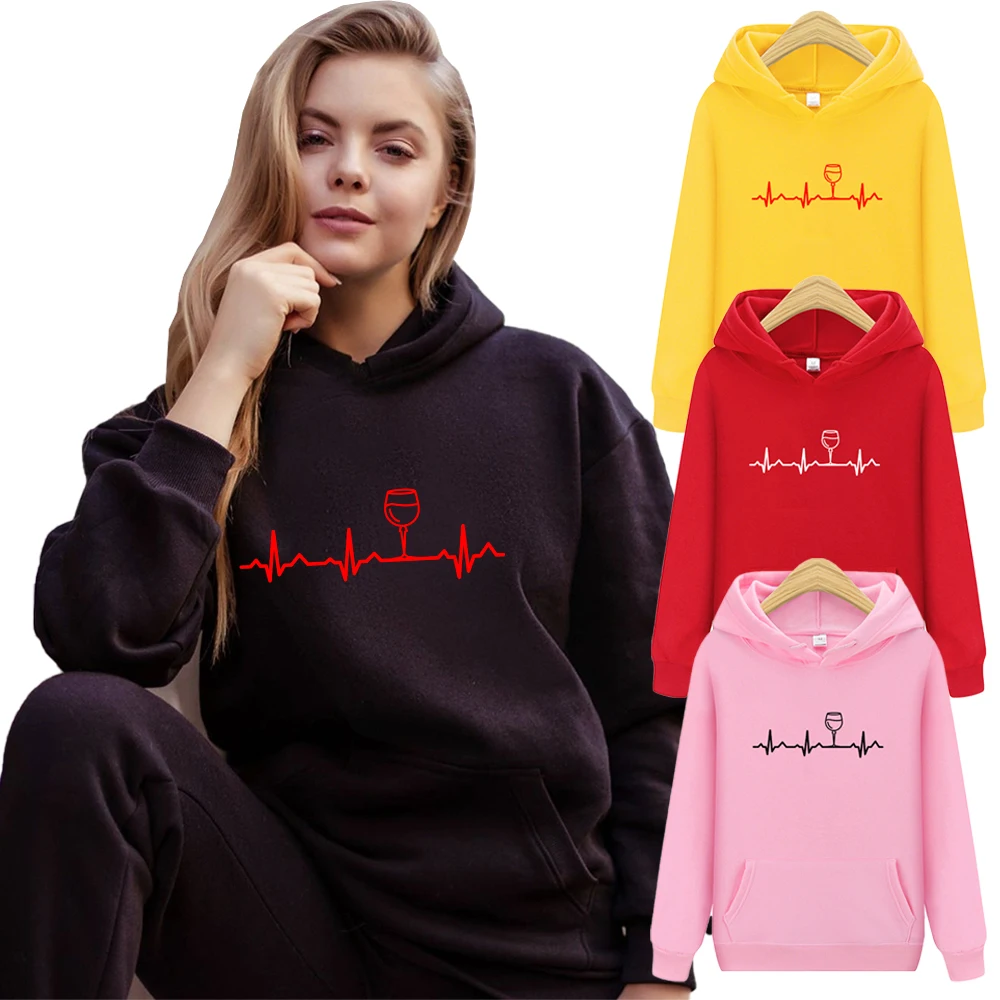 

NO16 Women Hoodies Heartbeat Wine Glass Print Sweatshirts Autumn O-Neck Female Fleece Casual Pullover Woman Clothes Tops