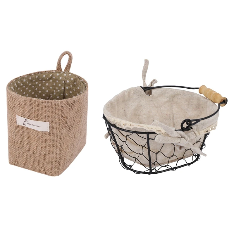 

1 Pcs Cotton Linen Art Flower Pot Small Sack Storage Bag & 1 Pcs Iron Art Wire Sundries Storage Basket