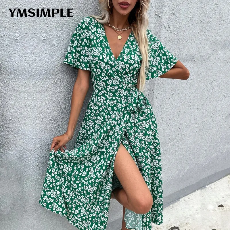 

Женское винтажное пляжное платье, зеленое платье-трапеция в стиле бохо с V-образным вырезом и цветочным принтом, Туники на шнуровке, весна-ле...