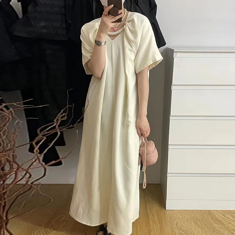 

SuperAen 2022 летнее Открытое платье с квадратным воротником, свободное повседневное однотонное платье с коротким рукавом для женщин