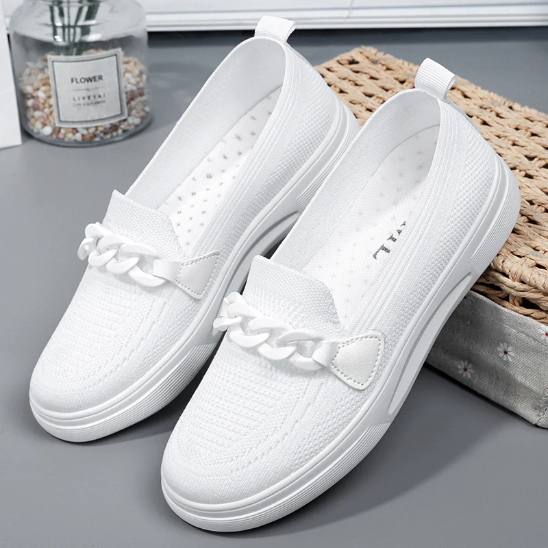 Women's Summer Footwear Slip On Female Chain Ballet Flats Sneakers Elegant Comfortable White Nurse Shoes Ladies Loafers