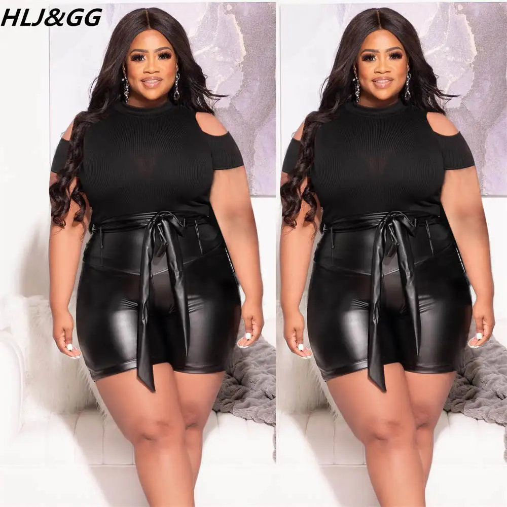 HLJ&GG Black Women Sexy Slim Two Piece Sets Summer PU Leather Skinny Shorts + Off Shoulder Top Outfits Plus Size Matching Suits