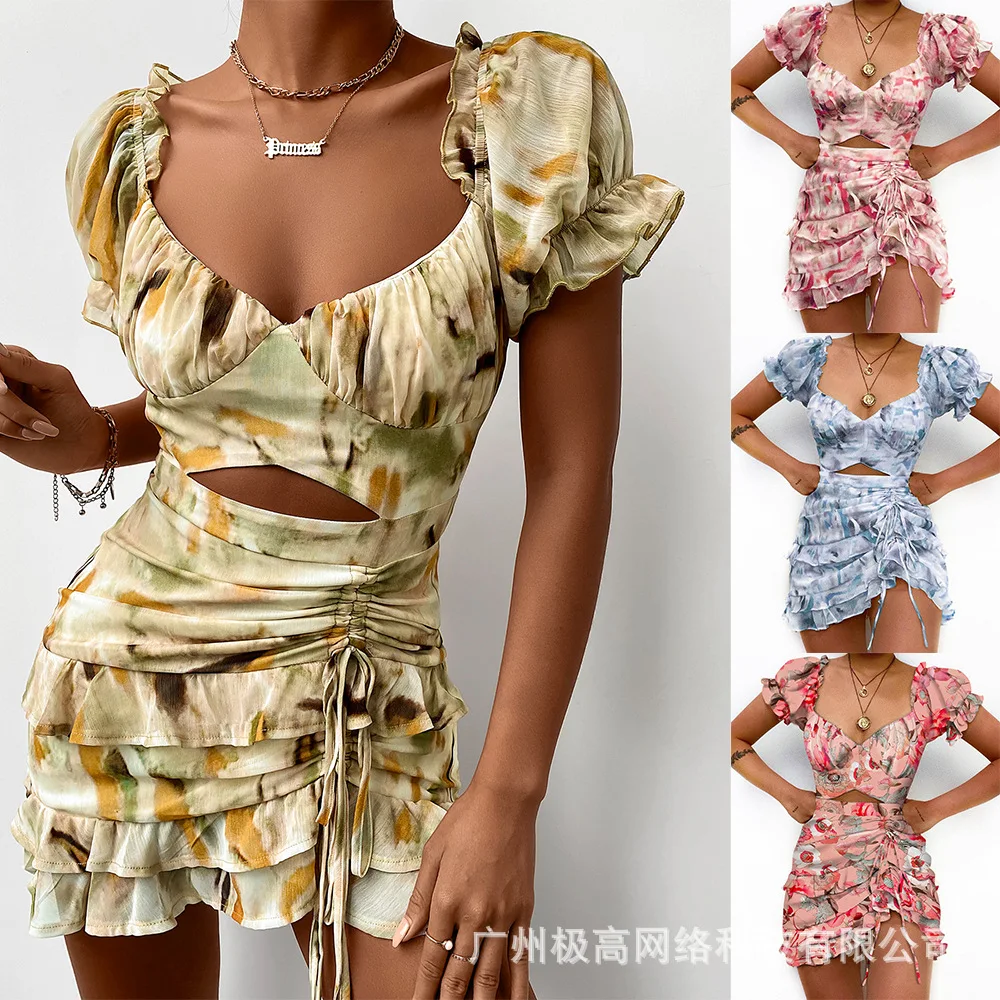 

Printed Pleated Dress 2022 Summer New Fashion Puff Sleeves Dress Women
